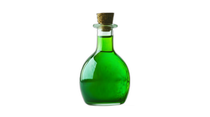 A witches potion bottle with glowing green liquid isolated on a plain white background