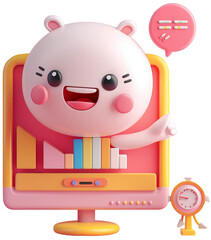 3D character icon of a full-body PC computer with arms and legs, pointing at a sales graph, smiling face