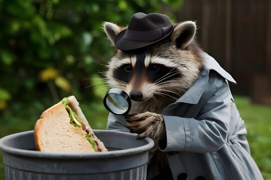 Detective Raccoon: A raccoon in a trench coat and fedora, holding a magnifying glass, investigating a half-eaten sandwich in a trash can.