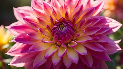 Obraz premium A close-up of a vibrant pink and yellow dahlia flower with delicate petals.