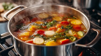 Colorful vegetable soup boiling in a pot on the stove