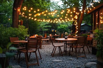 Outdoor patio with string lights. Perfect for showcasing a relaxing evening setting for restaurants or hospitality businesses.