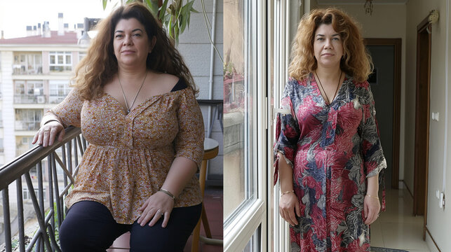 A 49-year-old woman&rsquo;s weight loss transformation captured in two different settings within a Turkish home. The left image shows her with a fuller figure sitting on a balcony, wearing a loose