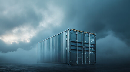 Fototapeta premium single shipping container stands prominently against dark gradient background, surrounded by mist and dramatic clouds, evoking sense of mystery and isolation