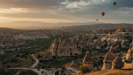 Cappadocia’s sunrise magic with colorful balloons creating a stunning view over the rugged terrain