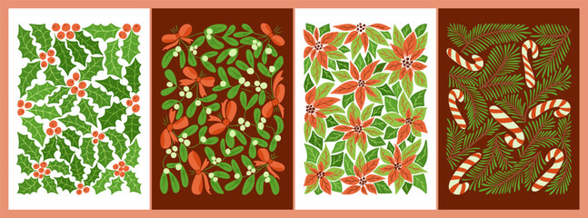 Set of mid century Christmas poster or art prints with winter botany. Hippie 60s, 70s style. Vector contrast illustrations with holly berry, mistletoe, poinsettia, pine tree in nostalgic style
