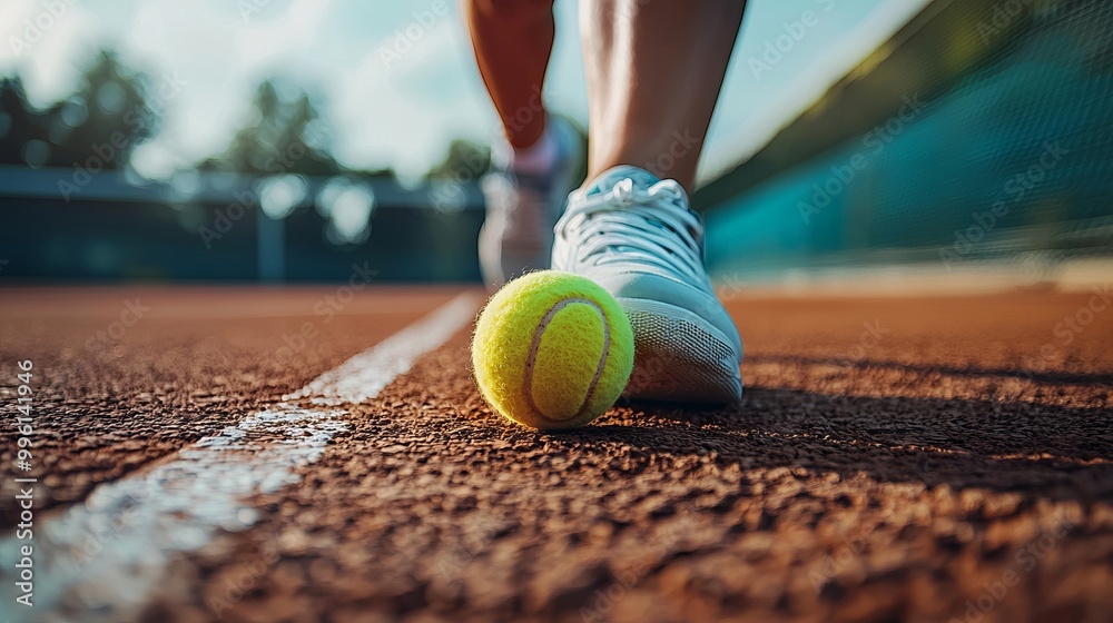 Wall mural close-up of a tennis ball on clay court with player in the background