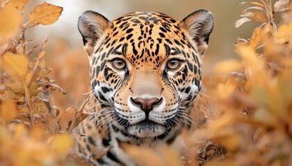 Obraz premium Majestic jaguar among golden foliage, showcasing stunning fur patterns and piercing gaze. A captivating wildlife portrait.