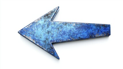 A blue arrow sign with a metallic finish, pointing left, isolated on white