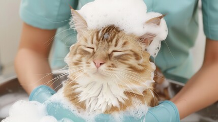 Cat bath time in a pet shop, playful suds surround a calm feline, gentle ambiance enhances the peaceful grooming experience, showcasing pet care and pampering.