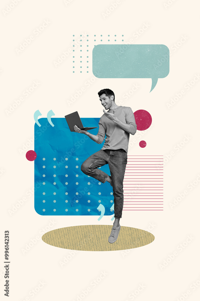 Poster trend artwork composite sketch photo collage of online meeting man stand work laptop read talk speec