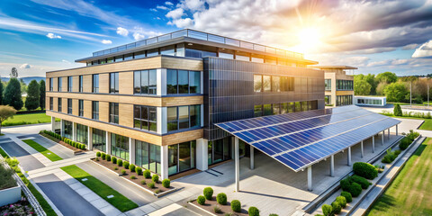 Modern energy-efficient building surrounded by solar panels , contemporary, sustainable, architecture