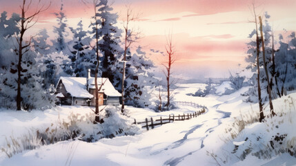 Obraz premium Watercolor of a snowy Christmas landscape