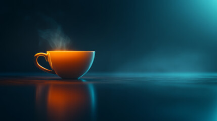 single glowing coffee cup with steam, set against dark background, creates warm and inviting atmosphere. reflection on surface adds to serene ambiance