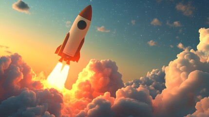 Rocket Launching Into the Sky in 3D Rendering