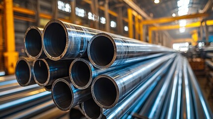 Metal pipes stacked in an industrial warehouse with sunlight filtering