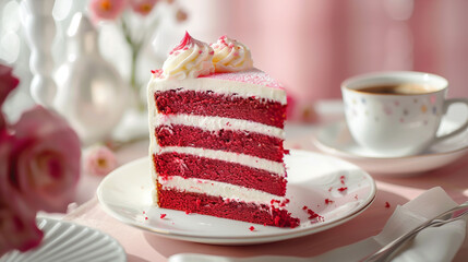Photo of red velvet cake with white and pink layers on the table