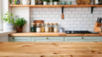 Bohemian Kitchen Serenity, a smooth wooden table at the forefront, surrounded by an artistic and eclectic ambiance that captures the essence of a cozy, creative culinary space