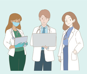 Set of doctors. Therapist, paramedic, nurse, medic workers uniform with stethoscopes working in the healthcare sector, holding computer tablet. Hand drawn flat cartoon character vector illustration.