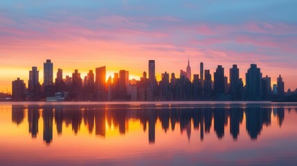 Fototapeta premium Golden Reflections at Dawn, A vibrant urban skyline bathed in soft golden hues, shimmering water mirrors the awakening city, a fresh morning full of promise and energy.