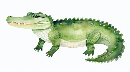 Fototapeta premium Charming Watercolor Crocodile Clipart, delightful design with soft features, ideal for baby shower themes, isolated on white background, ample space for personalized text.