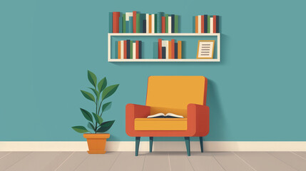 Cozy Reading Nook, a flat design illustration showcasing a warm and inviting space filled with books, plush cushions, soft lighting, and a peaceful atmosphere for avid readers.