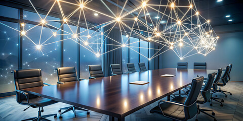 Glowing network of nodes connected by light beams above meeting room table, communication, teamwork, ideas