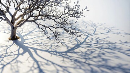 Bare winter tree is casting a long shadow on the snow covered ground