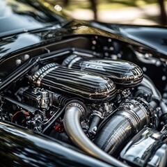 Racing car engine under the open hood