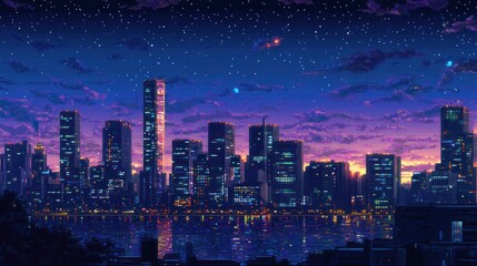 Obraz premium Pixelated Cityscape Under a Starry Night Sky
