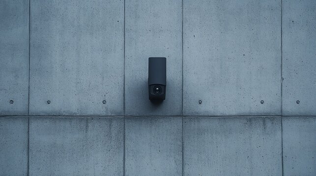A sleek black security camera is mounted on a concrete wall.