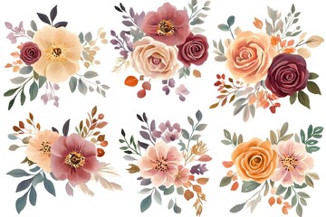 Set of watercolor flower bouquets, clipart isolated on a white background, in pastel colors,
