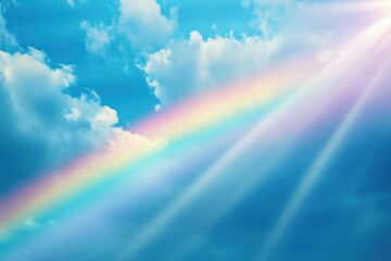 Fototapeta premium A rainbow is seen in the sky with the sun shining through it