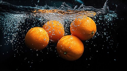 Fresh oranges submerged in water, creating a captivating splash and bubbles, showcasing natural beauty and freshness.