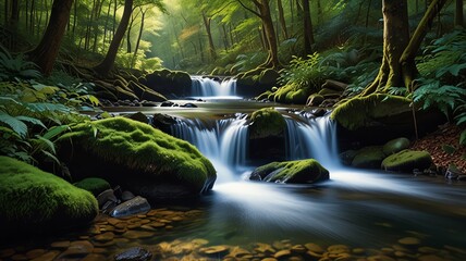 Tranquil waterfall in lush green forest.