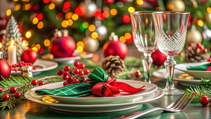 Festive Christmas table setting with elegant silverware, red and green accents, and sparkling glassware, Christmas
