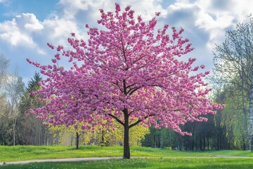 Naklejka premium A large pink tree stands in a park with a clear blue sky above