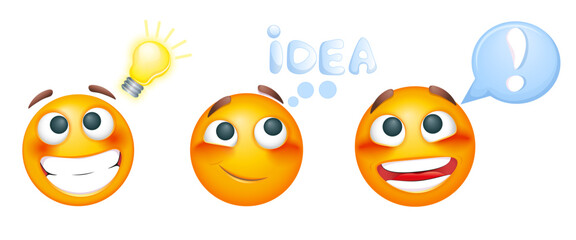 Smiling emoji get an idea. Happy emoticon with lightbulb on white background. Set of cute emoticons