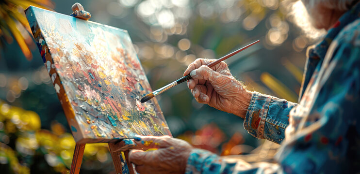 Close-up of elderly hands painting an impressionist landscape on a canvas outdoors, capturing the beauty of art, creativity, and expression in nature during a peaceful, sunlit afternoon