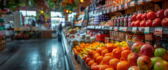 Obraz premium Bright and colorful display of fresh fruits and vegetables in a grocery store or market aisle, showcasing vibrant apples, oranges, and produce under soft lighting for a healthy lifestyle