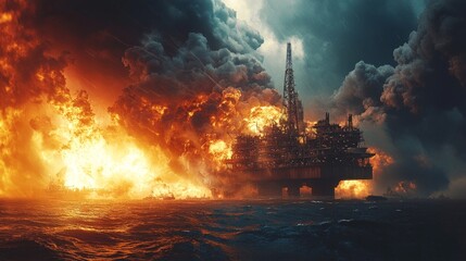 Fototapeta premium Offshore oil rig on fire with massive flames and dark smoke billowing