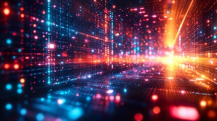 Neon Gridlines Expanding and Glowing Brightly Against a Dark Backdrop Background