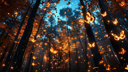 Fototapeta premium Magical forest scene with glowing butterflies at twilight