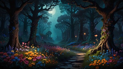 Enchanted forest path with moonlight and flowers.