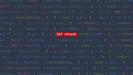 Fototapeta premium Cyber attack iot attack text in foreground screen of code editor developer studio point of vue. Vulnerability text in binary system ascii. Text in English.