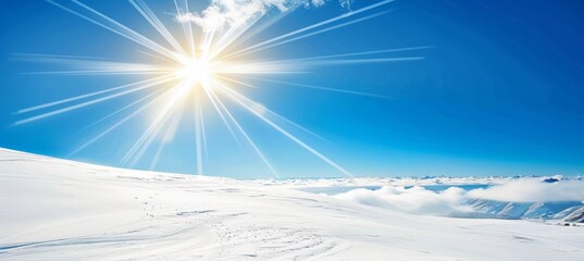 Sunny Winter Wonderland Spectacular snow-covered alpine panorama under a bright, blue sunny sky.