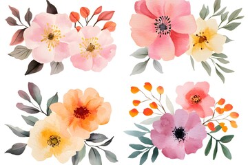 Obraz premium Set of watercolor flower bouquets, clipart isolated on a white background, in pastel colors,