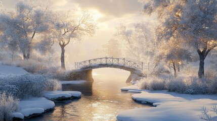A snowy landscape featuring a quaint bridge over a frozen stream, surrounded by frosted trees.