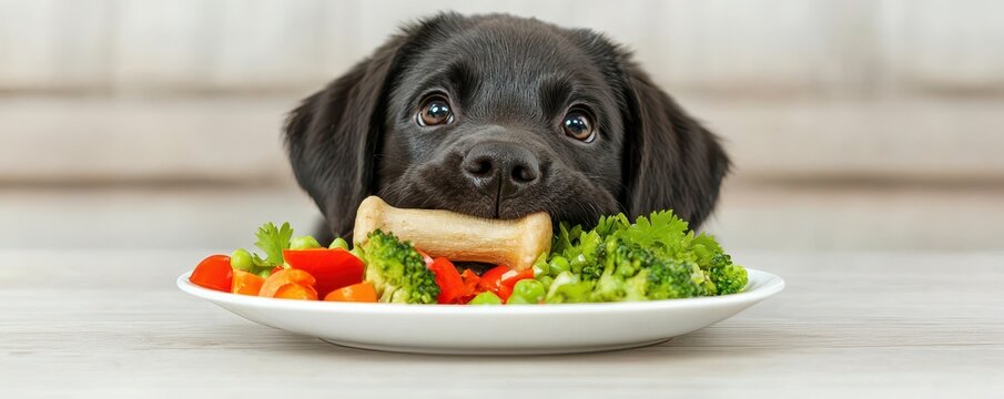 A happy black dog with a bone surrounded by fresh vegetables on a plate, showcasing healthy pet diet.