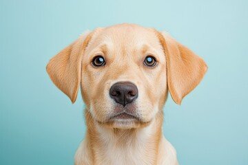 Adorable Labrador puppy with curious eyes against a teal background.